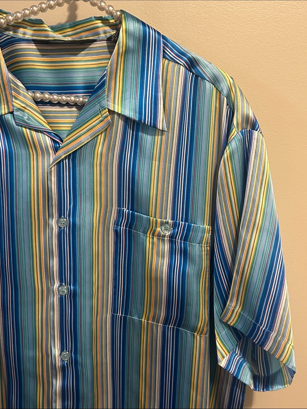 Genelli Vintage 90s Pure Silk Striped Button Down Shirt Men’s Size L Blue Yellow